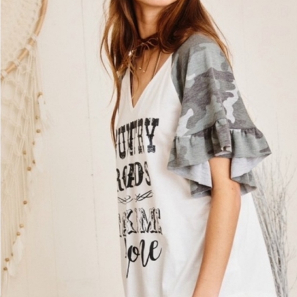 Country roads take me home V neck with camo sleeves - Picture 3 of 5